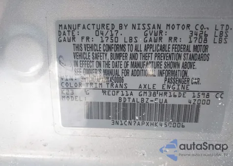 2017 Nissan Versa 1.6 Sv из США, поврежденный, VIN 3N1CN7APXHK450006